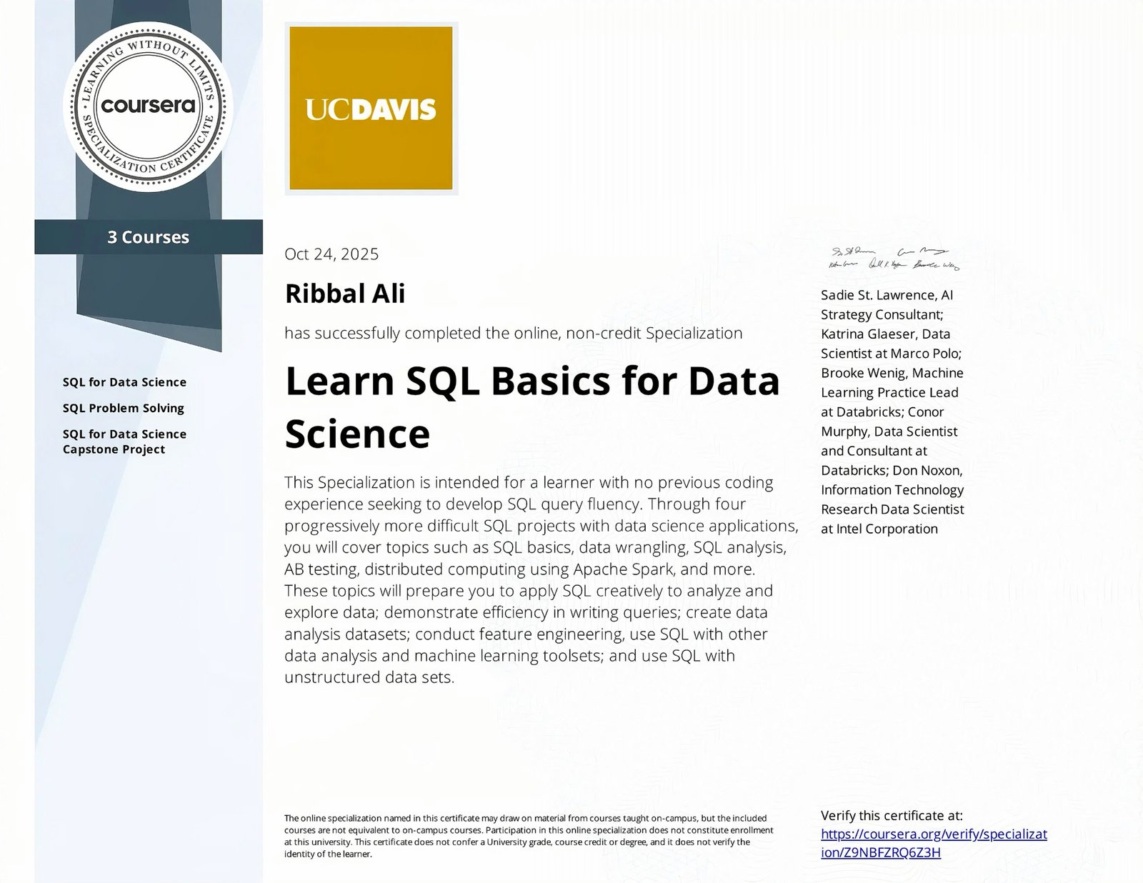 Learn SQL Basics for Data Science Specialization